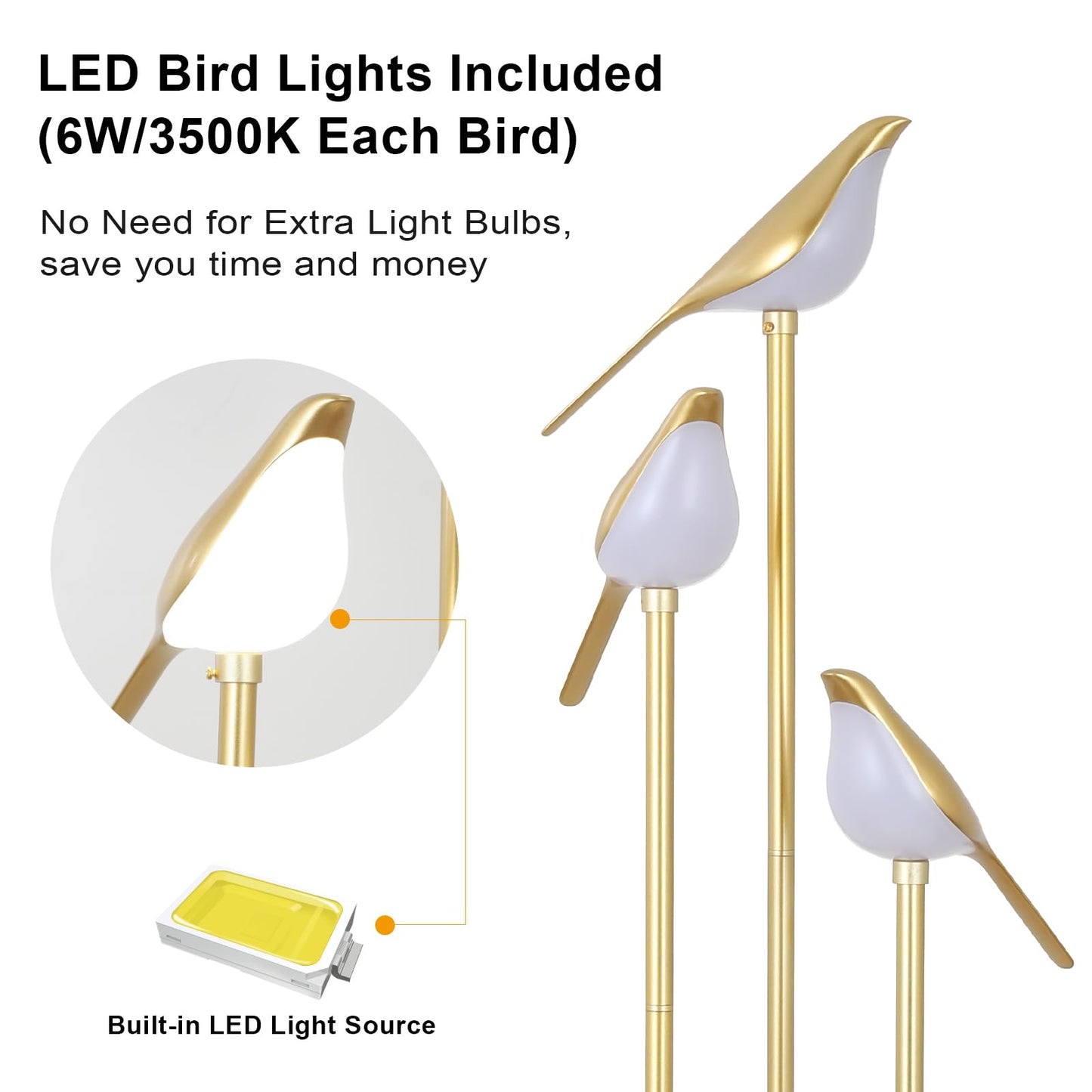 Gold Floor Lamps for Living Room, Modern Floor Lamp with Shelves, Mid Century Standing Lamp with 3 Adjustable LED Bird Lights, Corner Tall Lamp with Table, Brass Stand up Lamp for Bedroom Kids Room