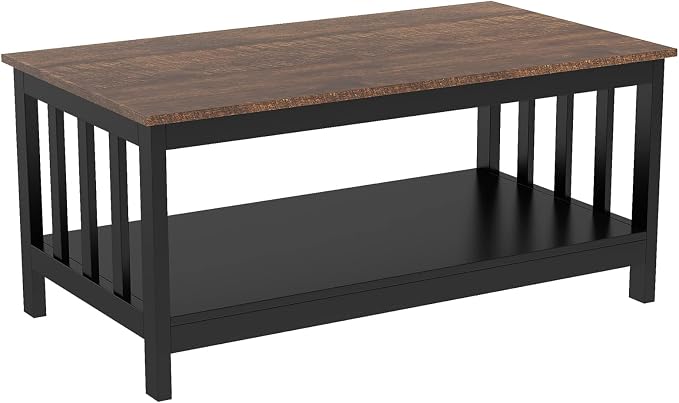 ChooChoo Farmhouse Coffee Table, Black Living Room Table with Shelf, 40 Inch