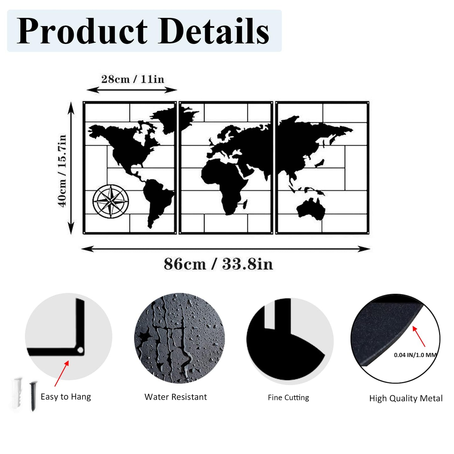 DUOOLN 3-Piece Metal World Map Wall Decor Art, Abstract Minimalist Hanging Sculpture, Travel Enthusiast Gift, Perfect Travel-Themed Artwork, Home Office Hotel Decoration - Black, 33.8“ W x 15.7” H / 86x40cm