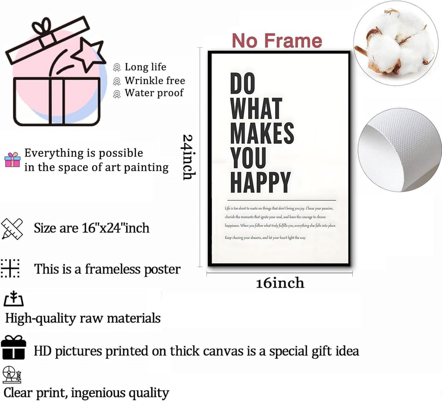 Do What Makes You Happy Inspirational Wall Art Modern Minimalist Black and White Canvas posters Print Motivational Quote Wall Decor for Office Living Room Bedroom Unframed 16inx24in poster