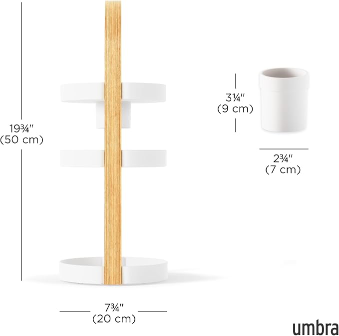 Umbra Bellwood Caddy, Organizer for Makeup and Cosmetics, Durable Rotating Container with Wooden Handle, Large, White/Natural