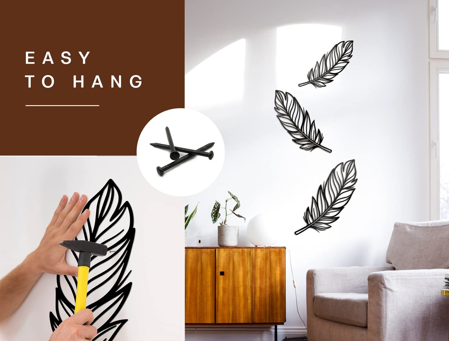 Vivegate 3 PCS Metal Feather Sign Metal Wall Decor - 17"X17" 3 PCS Black Modern Beautiful Boho Feathers Farmhouse Metal Wall Signs for Hanging Any Room Wall Art Decor