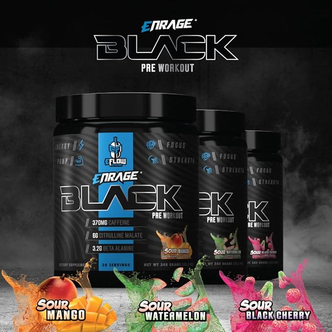 eFlow Nutrition Enrage Black High Stimulant Pre Workout Supplement - Preworkout Powder to Boost Energy, Pumps and Strength - 4 Flavors (30 Servings) (Sour Black Cherry)