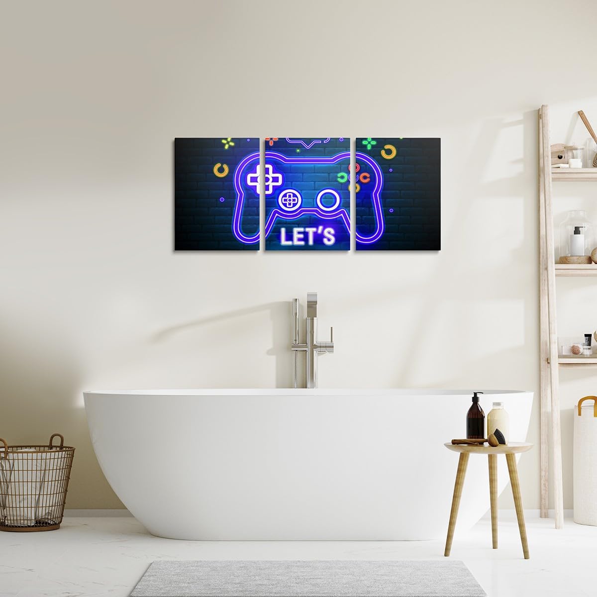 Feelyou 3pcs Blue Gamer Canvas Wall Art for Living Room Gaming Picture Wall Decor for Dining Room Bedroom Bathroom Neon Game Controller Wall Art Kitchen Print Painting for Boys Game Home Decorations