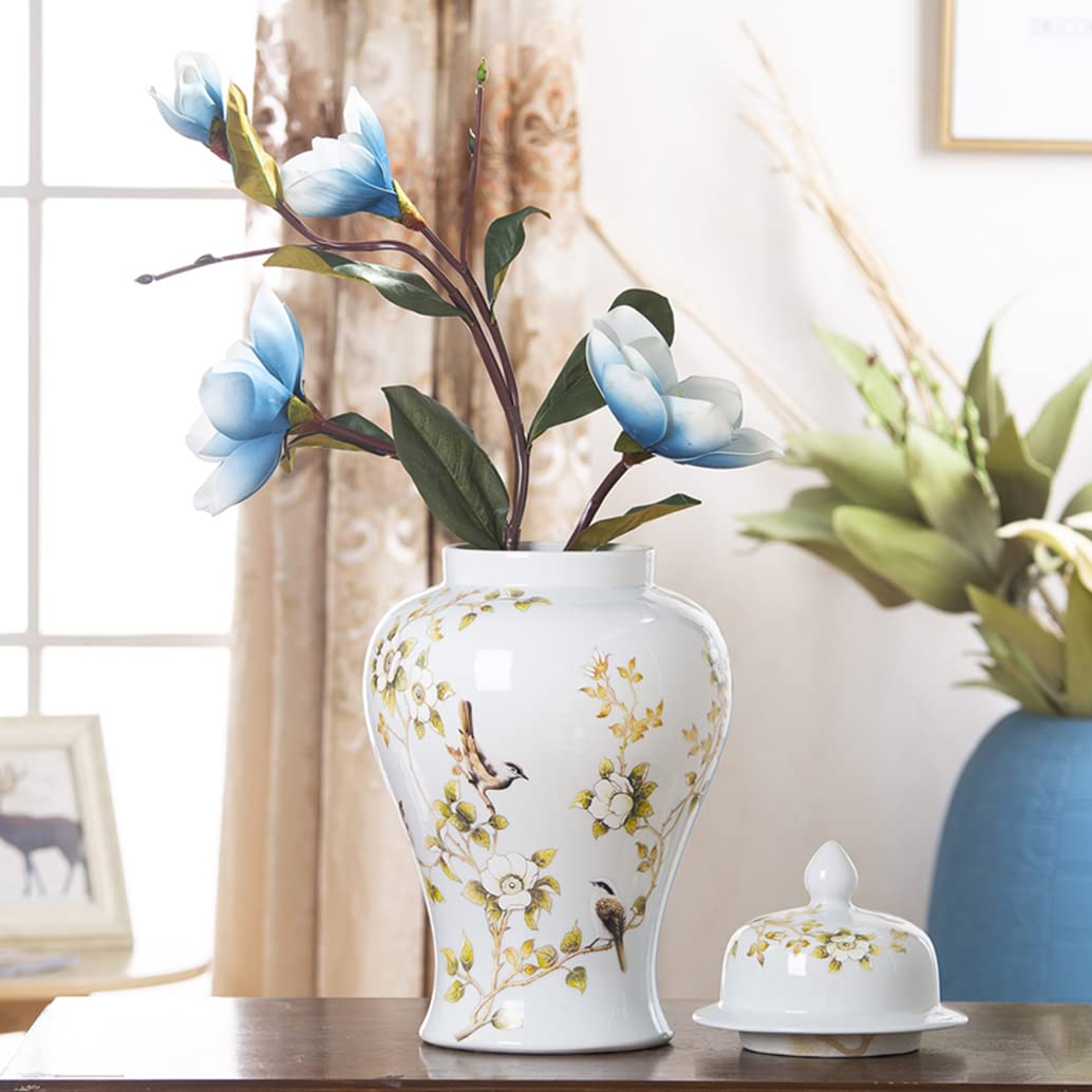 UWYTGF White Ceramic Ginger Jar with Lid for Home Decor,Traditional Chinese Flowers and Birds Temple Jar,Jingdezhen Handcrafted Porcelain Vase Centerpiece Decor L,White Small,White,M
