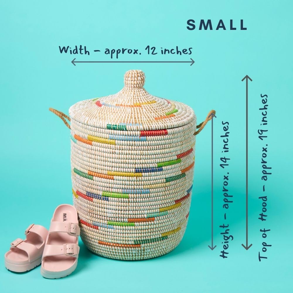 Small Wicker Basket with Lid, Colorful Pattern on White, 12 Inch Wide, 14 Inch Tall