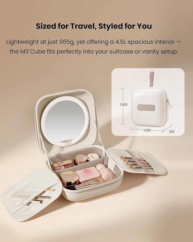 AMIRO M3 Cube Makeup Bag with Lighted Mirror, Stepless Brightness & 3 Color Modes, MagSafe Magnetic Mirror, Portable Travel Organizer with 1100lux Lighting, 4.5L Storage, Waterproof, 10 inches, White