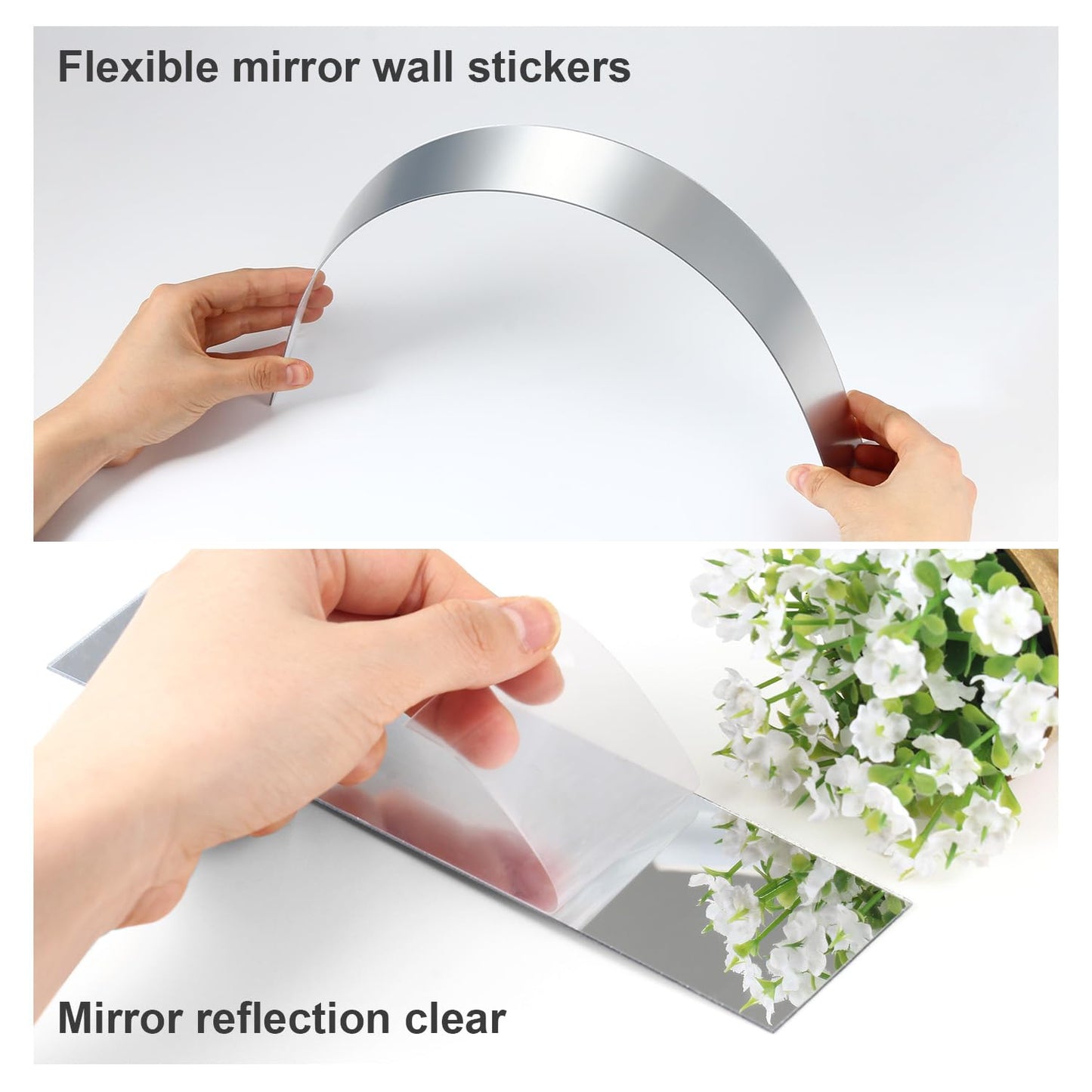 WUTAOBON Mirror Tiles, 2''x20''Mirror Tiles Self Adhesive Stripe Wall Mirror Stickers (Not Glass) Removable Long Acrylic Frameless Mirror Sheets for Home Living Room Bedroom DIY Decor (10Pcs)