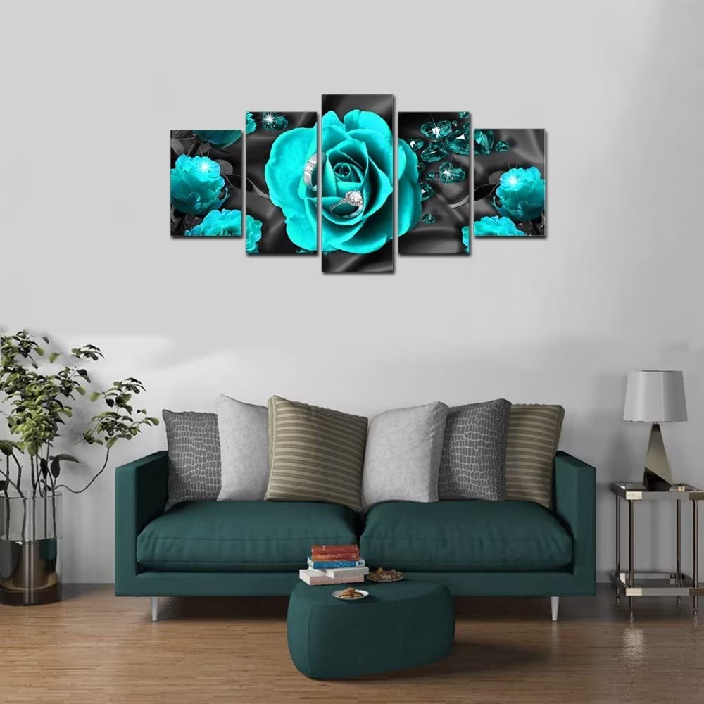 AWLXPHY Decor Teal Rose Wall Art Canvas Painting Framed 5 Panels for Living Room Decoration Modern Blue and Black Rose Stretched Artwork Floral Giclee (Blue, 60"x30")