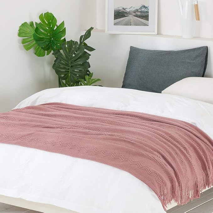 BOURINA Coral Pink Throw Blanket 50 x90 Inches Textured Solid Soft Sofa Throw Bed Runner Knitted Decorative Blanket