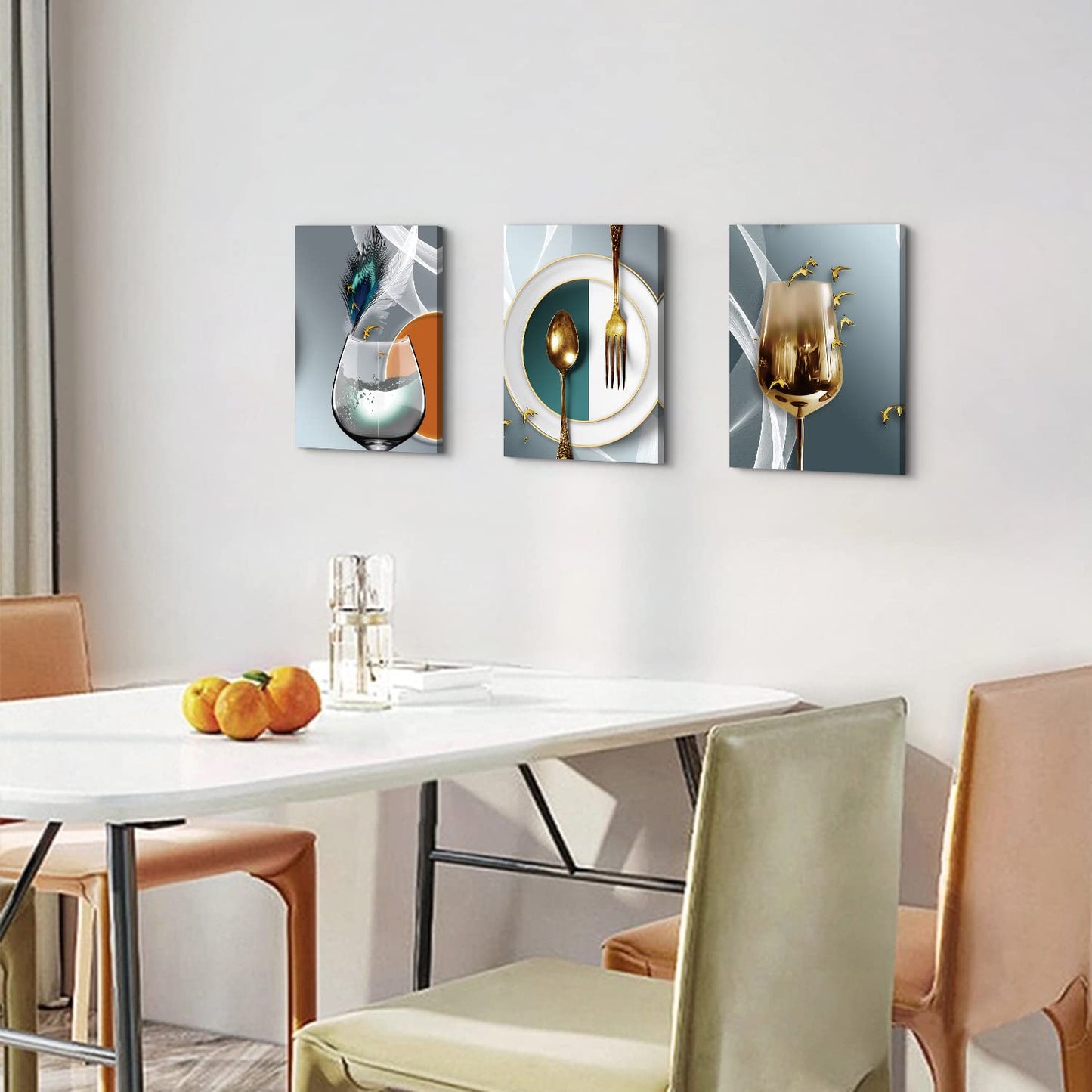 Dining Room Wall Art Set of 3 Teal Gold Wine Glass Wall Art Modern Abstract Wine Pictures Wall Decor Kitchen Tableware Canvas Wall Art Gray Gold Dining Room Wall Decor Kitchen Home Decoration 12x16"
