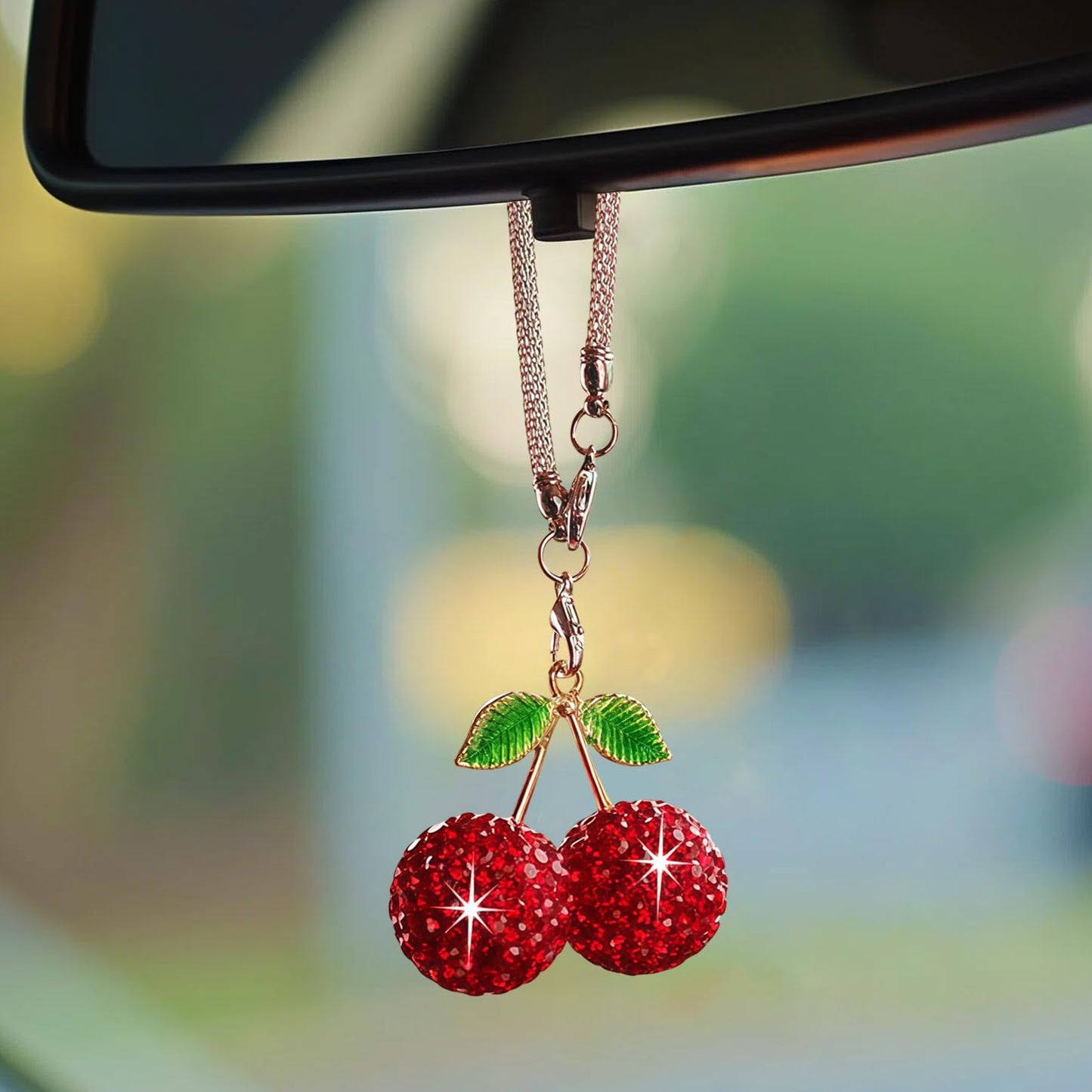 Bling Cherry Car Hanging Ornament, Cute Crystal Rear View Mirror Pendant, Sparkly Diamond Rearview Mirror Charms, Lucky Car Interior Decor Accessories (Red)