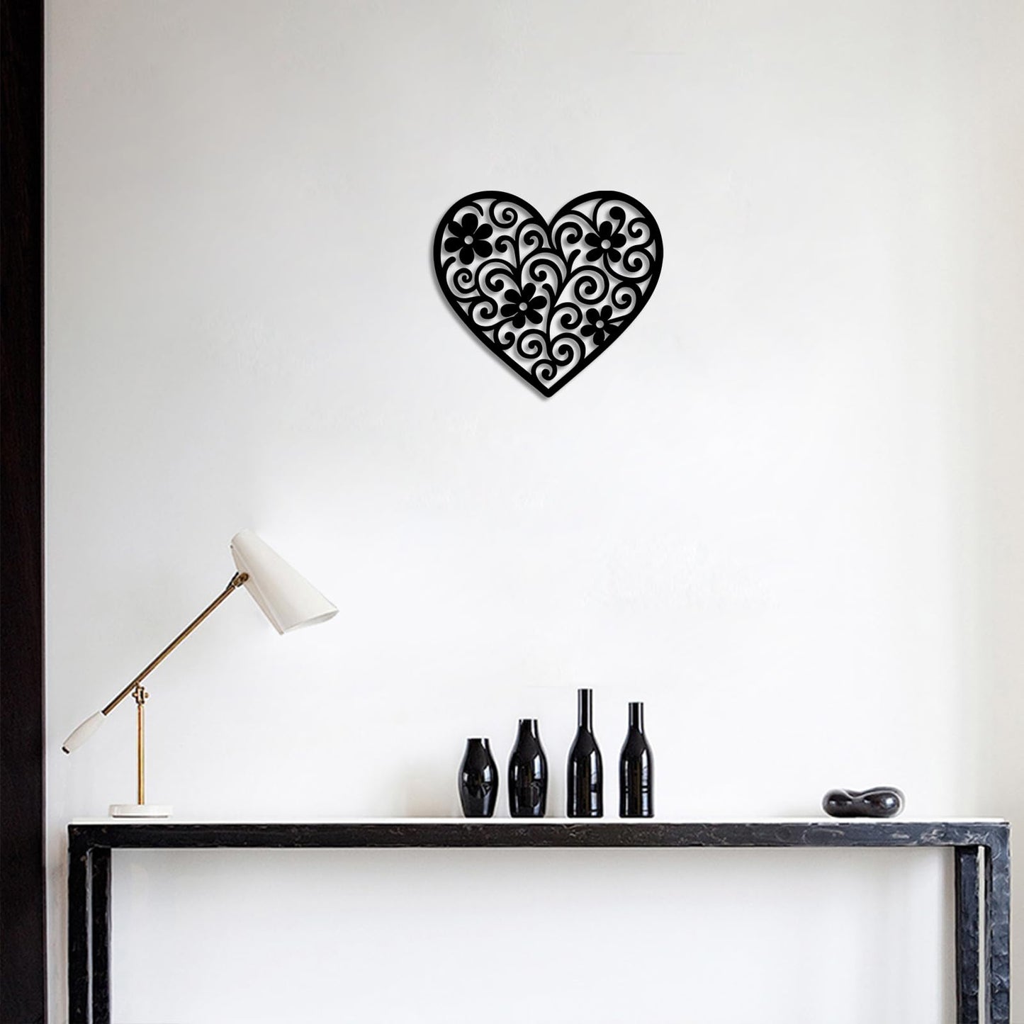 Vineland Black Metal Heart Wall Art, 11.8 Inch Modern Minimalist Sculpture, Floral Pattern Design for Living Room Bedroom Bathroom, Matte Finish Boho Home Decor