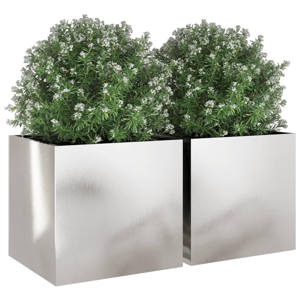 hliofuir Rectangular Stainless Steel Planter Set of 2 Silver Large 19.3x18.5x18.1 in Polished Indoor Outdoor Raised Garden Bed Box for Balcony Patio Living Room