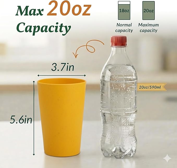 Homienly Reusable Plastic Cups - Wheat Straw Unbreakable Drinking Glasses & Water Glasses | Multi-Color Stackable Plastic Cups, Dishwasher Safe | Glassware & Cup Sets for Kitchen (20 oz 8-Pack)