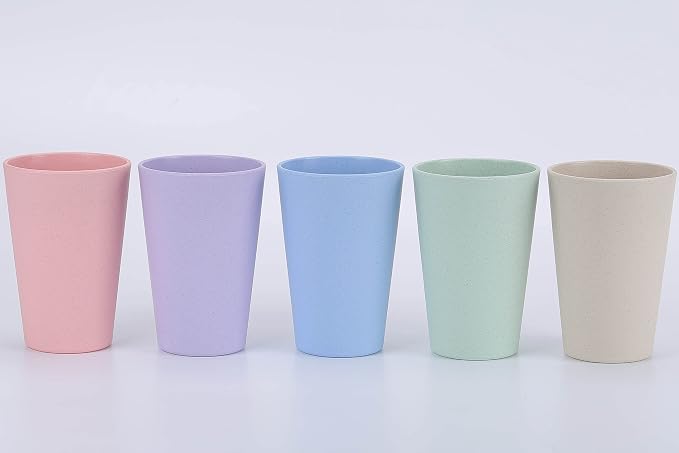 Wheat Straw Unbreakable Cup | 16 oz Reusable Water Drinking Glasses Sets of 5 | Lightweight Tumbler for Kitchen Outdoor | Dishwasher Safe, BPA Free and Eco friendly (16 oz, 5 Color_A)