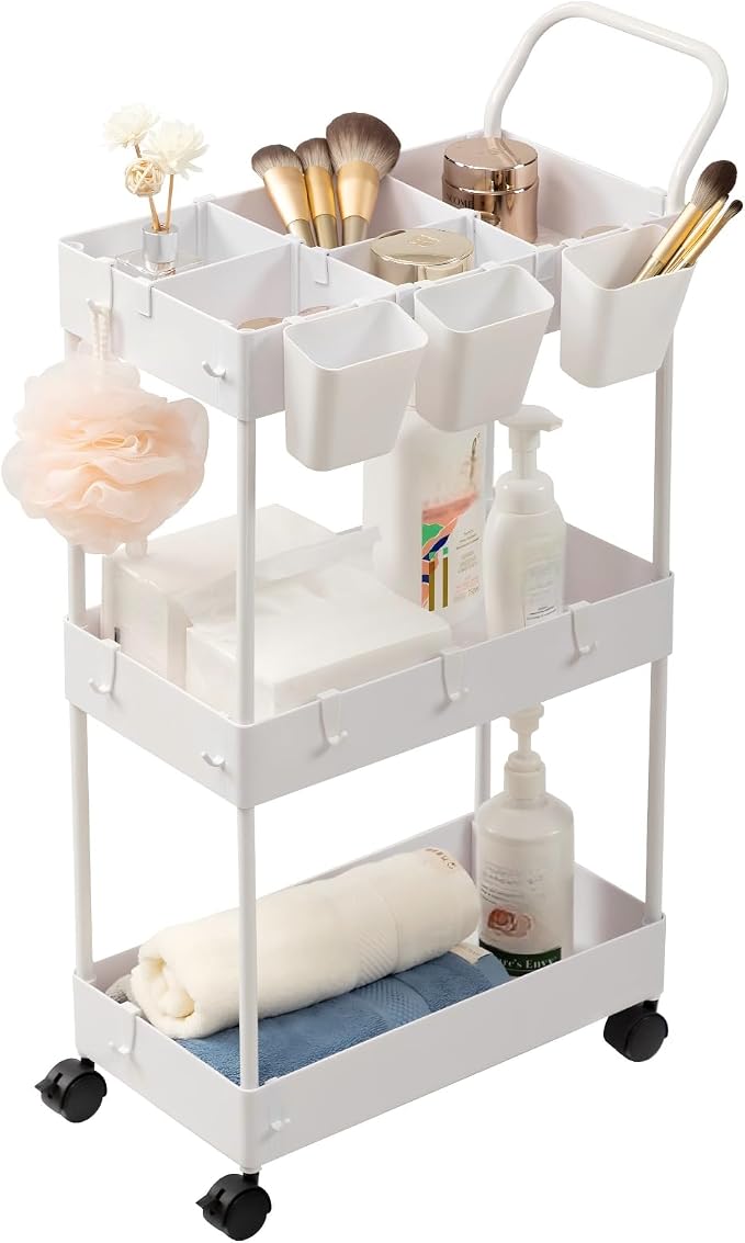 danpinera Storage Cart on Wheels, 3 Tier Slim Laundry with Wheels Bathroom Organizer with Hanging Cups Hooks Dividers Handle Mobile Rolling Art Cart for Bathroom Kitchen Narrow Places, White