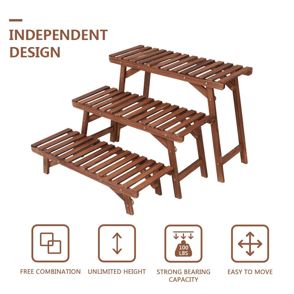 Ufine Freestanding 3 Tier Ladder Shelf Wood Plant Stand Indoor Outdoor Plant Display Rack Flower Pot Holder Planter Organizer