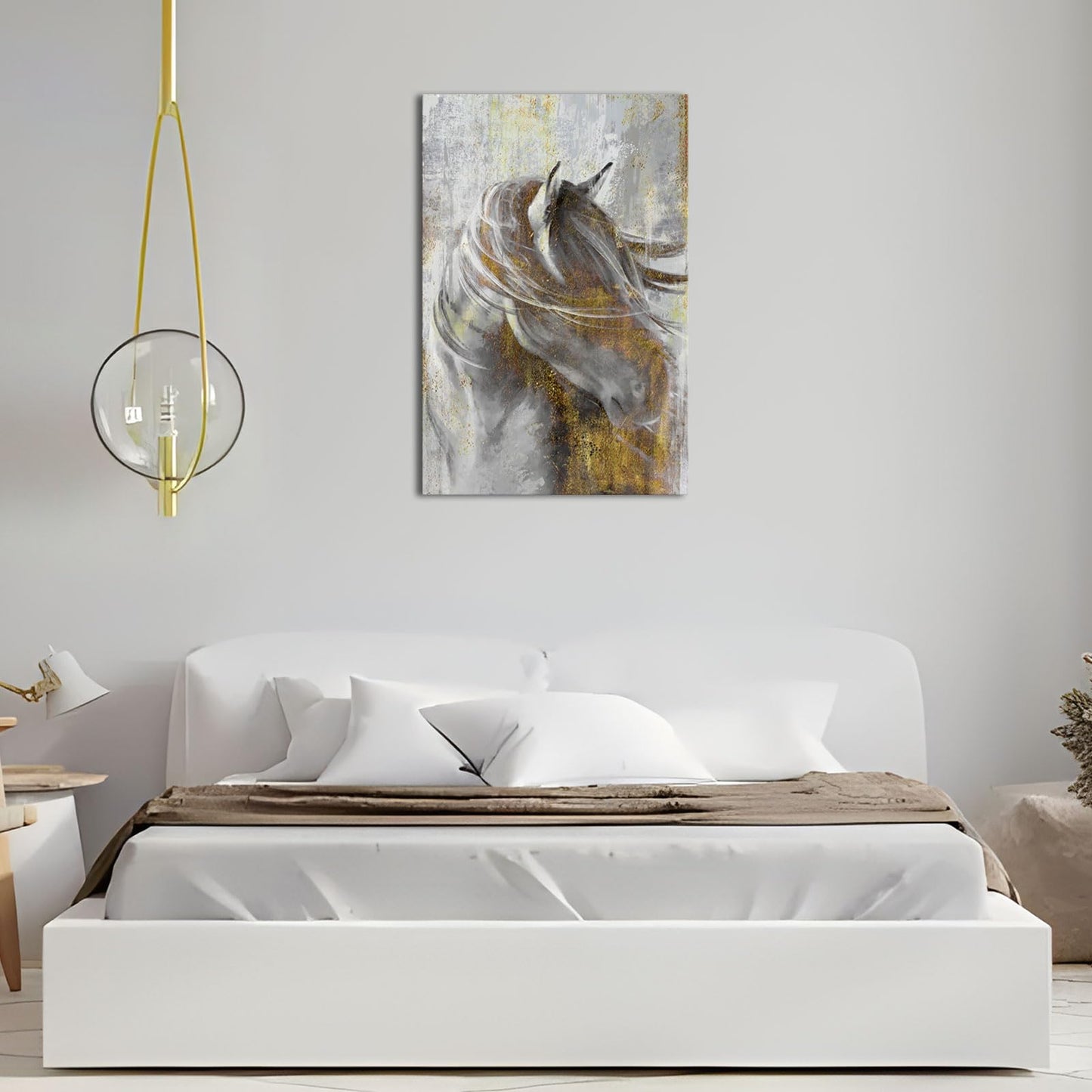 LoveHouse Horse Wall Art Abstract Gold Grey Horse Canvas Paintings Modern Horse Wall Decor for Living Room Bedroom Office Framed 24"x36"