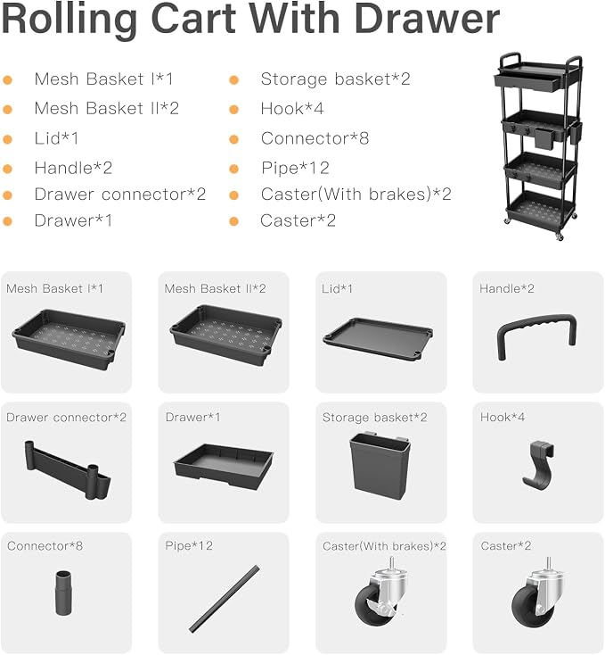 4 Tier Rolling Utility Cart with Drawer,REBECAT Utility Cart Made of Multifunctional Storage Organizer Tool for Kitchen,Bathroom,Living Room,Office(Black)