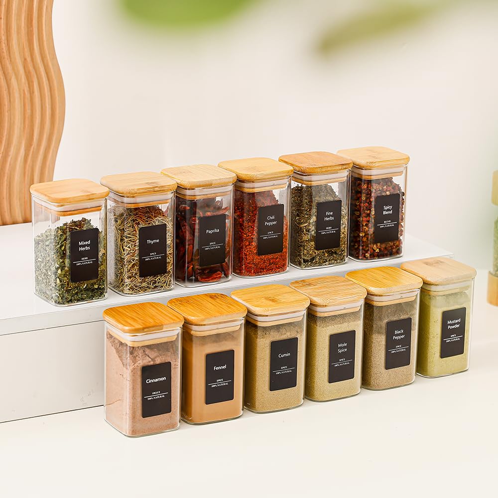 Homtop 16Pcs 9oz Spice Jars Glass Container with 275 Labels, Airtight Seasoning Empty Organizer with Bamboo Lid Set for Pepper, Salt, Sugar