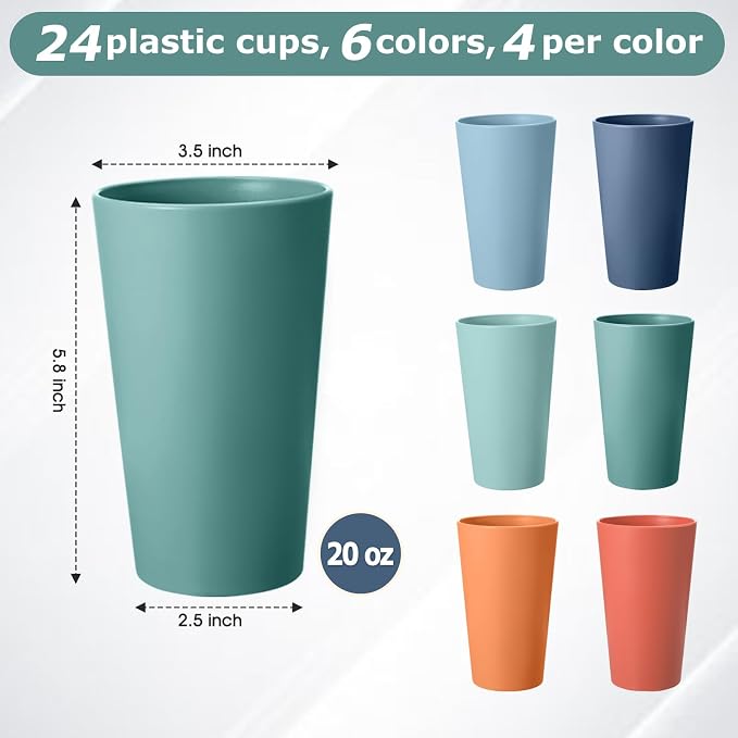 24 Pcs Unbreakable Plastic Cups Set, 20 oz Reusable Plastic Cups, Stackable Water Tumblers, Drinking Cup for Kitchen, Outdoor, BPA-free, Dishwasher Refrigerator and Microwave Safe (20 oz, 6 Colors)