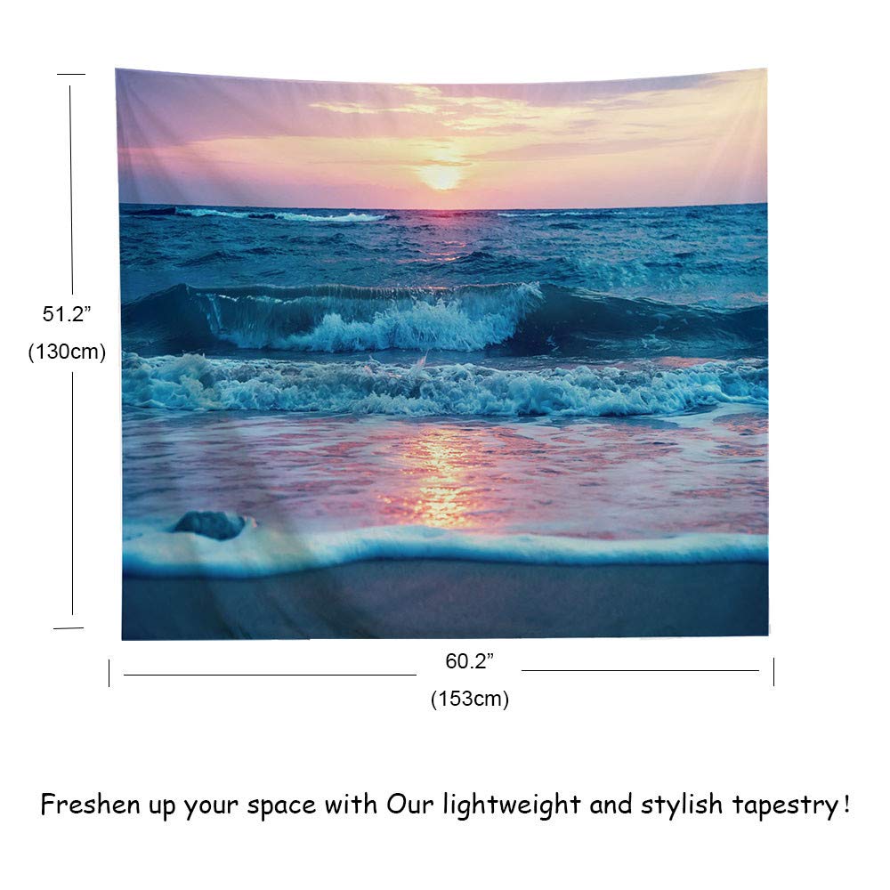 IcosaMro Ocean Tapestry Wall Hanging, Sea Beach Wave Sun Cloud Landscape Scenery Nature Wall Art [Double-Folded Hems] Bohemian Home Decor for Bedroom, Dorm, College, Living Room, 51x60, Blue