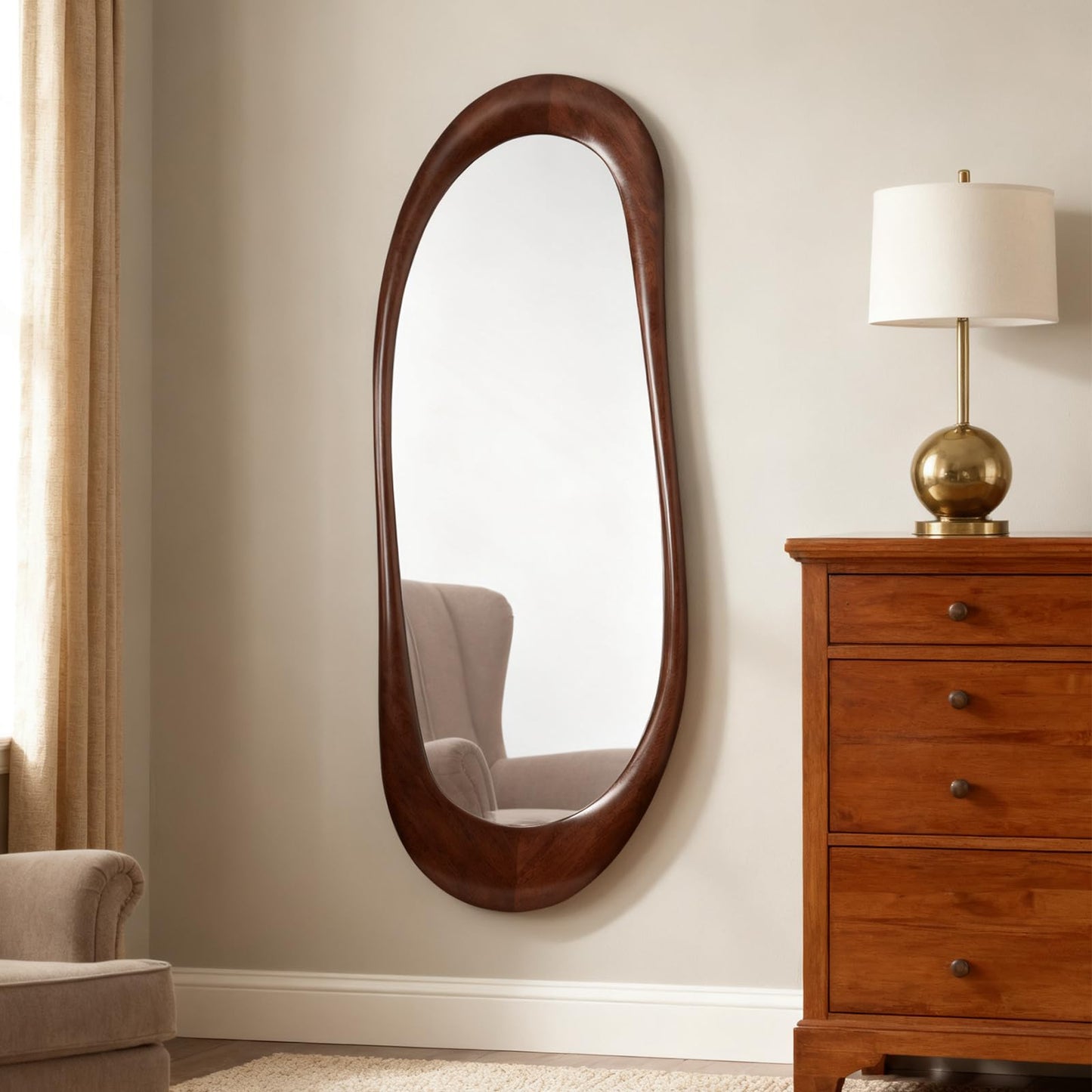WallBeyond Asymmetrical Full Length Wooden Mirror, 22.5" x 63" Irregular Solid Wood Wall Mirror, Boho Decor for Bedroom Living Room Entryway, Mid-Century Modern, Dark Walnut