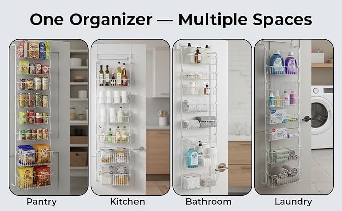 Over Door Organizer Storage - 6 Tier Black Metal Over the Door Pantry Organizer Heavy Duty Hanging Storage Rack, Behind Cabinet Shelves for Home, Kitchen, Bathroom, Closet, Pantry