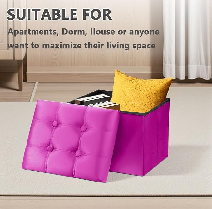 AmasSmile Storage Ottoman Foot Rest Stool, 17 inch Velvet Footstool Bench, Hot Pink Short Ottomans Stool, Small Folding Storage Ottoman Store Books, Record