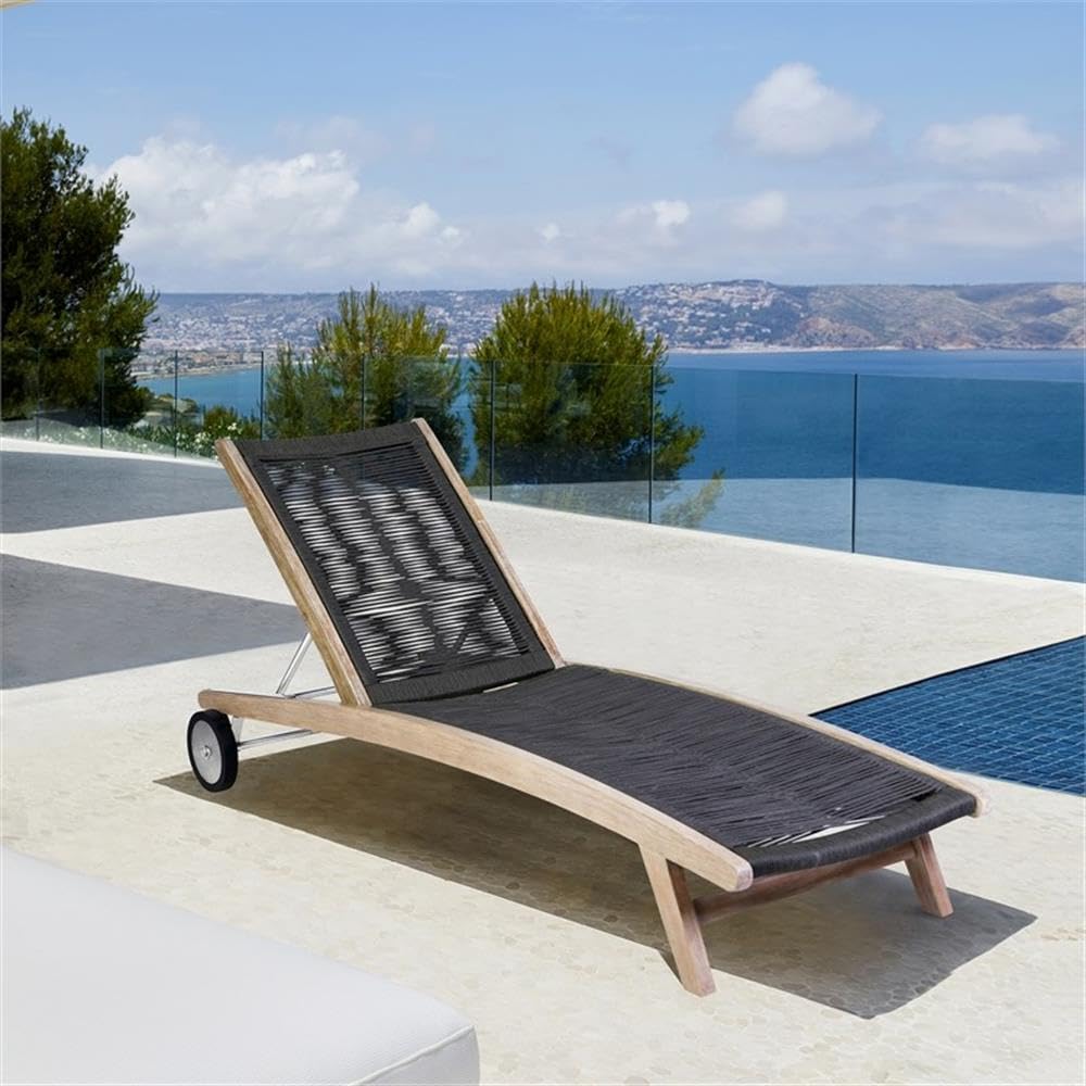 Armen Living Chateau Outdoor Patio Adjustable Chaise Lounge Chair in Eucalyptus Wood and Charcoal Rope