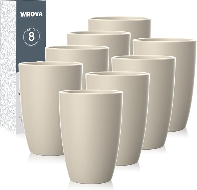 Wrova Wheat Straw Cups 8 PCS Good Alternative to Plastic Reusable Cups 20 oz Unbreakable Drinking Cup Reusable Dishwasher Safe Water Plastic Glasses Beige Series