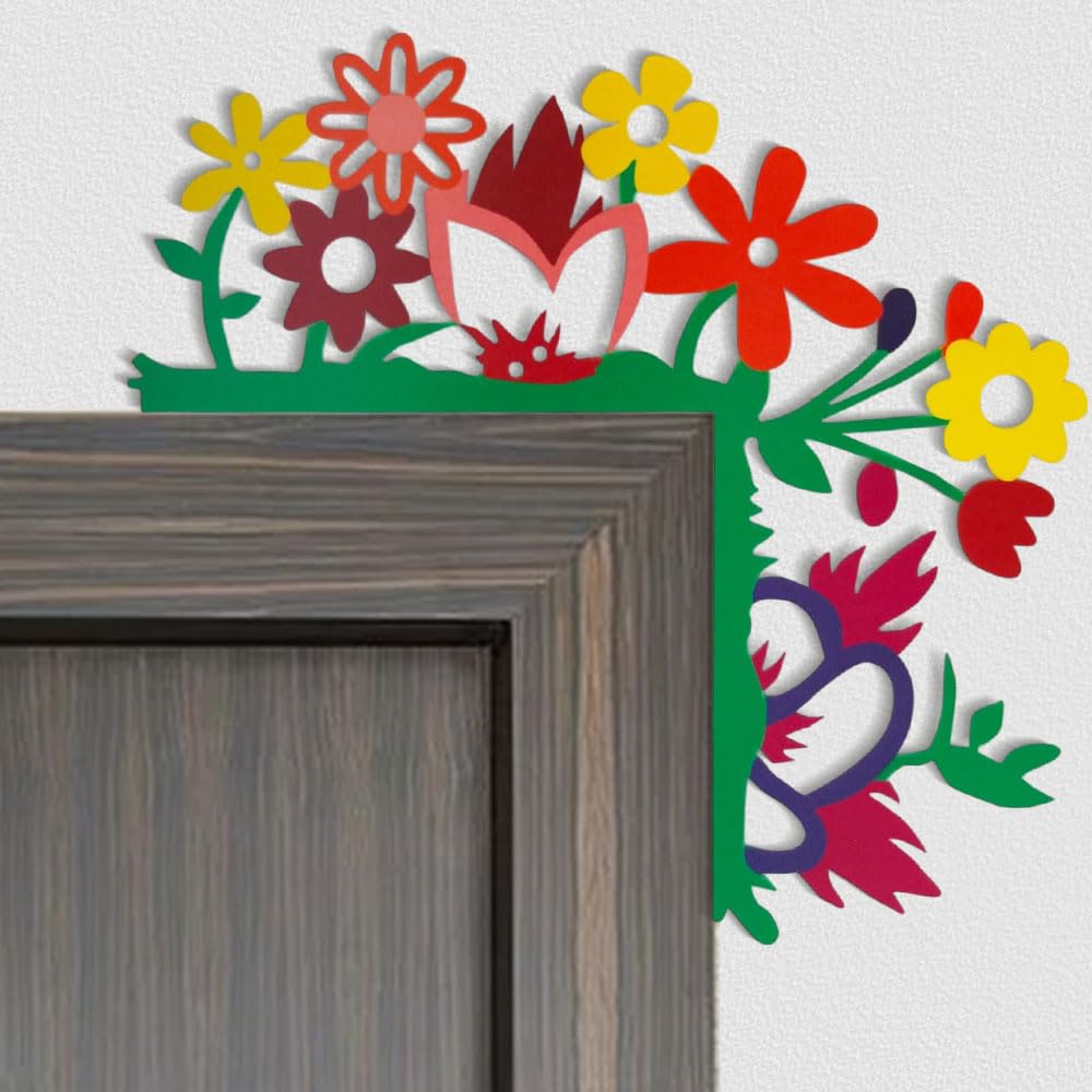 2024 Hand Painted Door Topper, Metal Left Sided Hummingbird Flower Cardinal Flamingo Starfish Leaf Funny Creative Door Frame Topper Corner Silhouette Wall Art Decor for Nature Lovers (Flower)