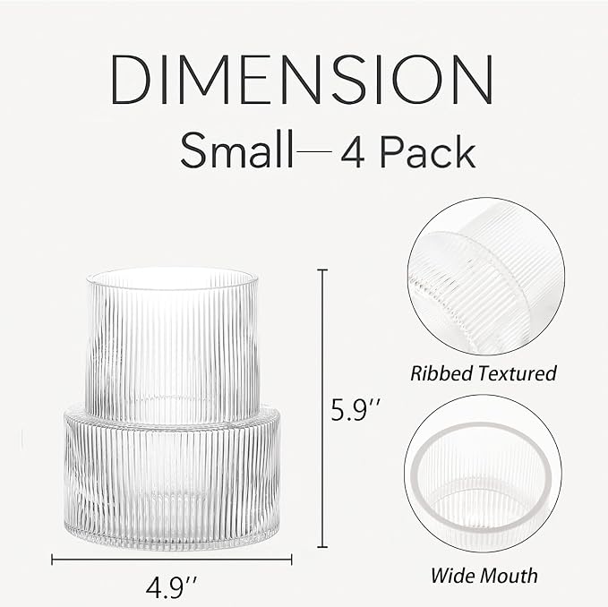 Ribbed Glass Vases, Set of 4 Small Vases for Flowers, Clear Glass Vase for Tulips, Modern Vase for Living Room, Kitchen, Office, Entryway, Bookshelf, Wedding Gifts, Birthday, 6 Inches