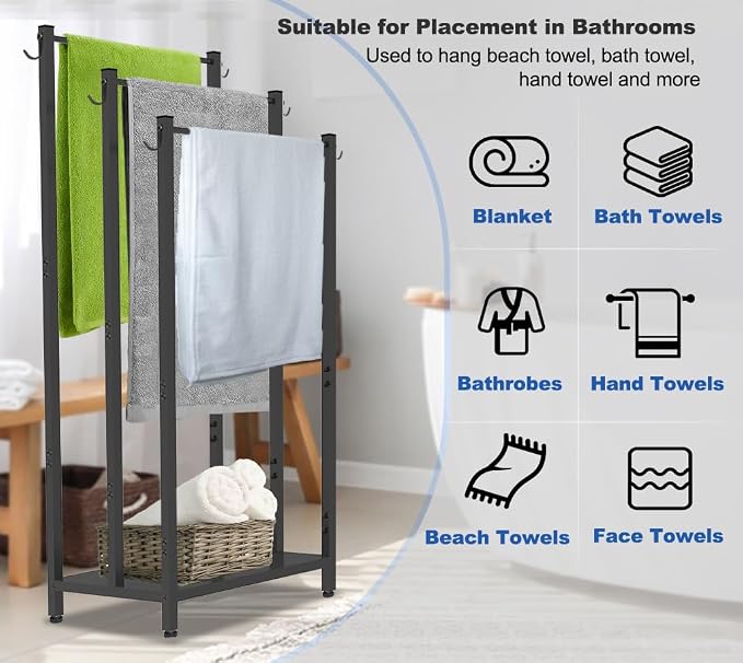 44 Inch Tall Free Standing Towel Rack with Metal Storage Shelf & 6 Hooks for Bathroom, 3 Tiers Heavy Duty Blanket Drying Stand Holder for Outdoor Pool, Bedroom, Living Room, Black