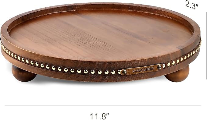 Farmhouse Decorative Round Tray, 11.81 Inch, Versatile Centerpiece Tray for Coffee Table Kitchen Living Room Bathroom, Home Decor Accent Brown Color