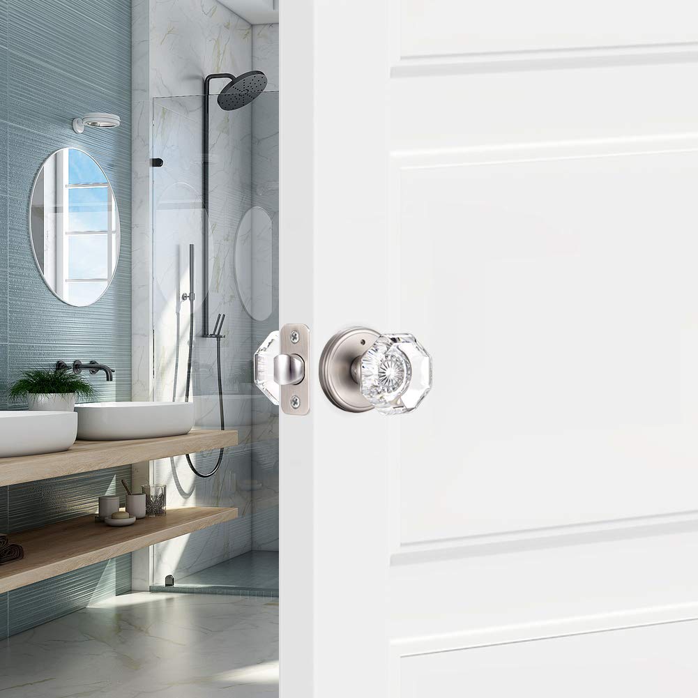 CLCTK Crystal Glass Door Knobs Interior, Modern Bathroom Bedroom Door Knobs with Lock Privacy Function, Satin Nickel