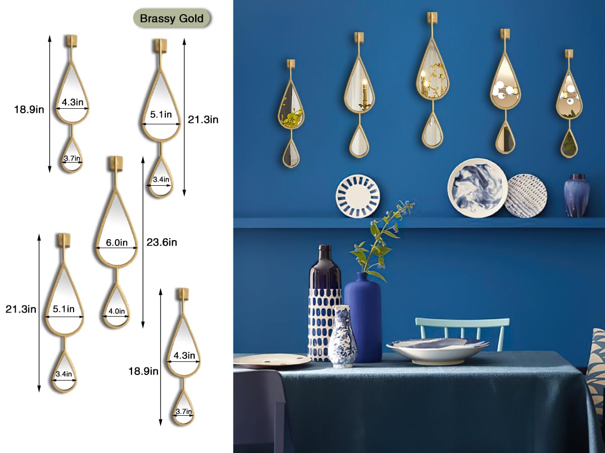 BAODANFU Wall Mirror Decorative Mirrors Mounted Decor Tear Drop Shape Gold for Bedroom Living Room Entryway Bathroom Vanity Brassy Gold Metal Frame, 5-Pack Mirrors Set