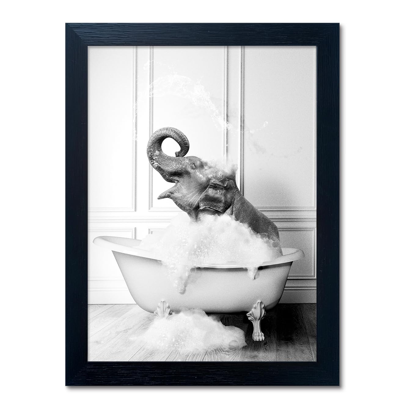 Framed Bathroom Decor Wall Art Elephant in Bathtub Pictures Wall Decor Funny Black and White Animal Canvas Print Artworks for Bathroom