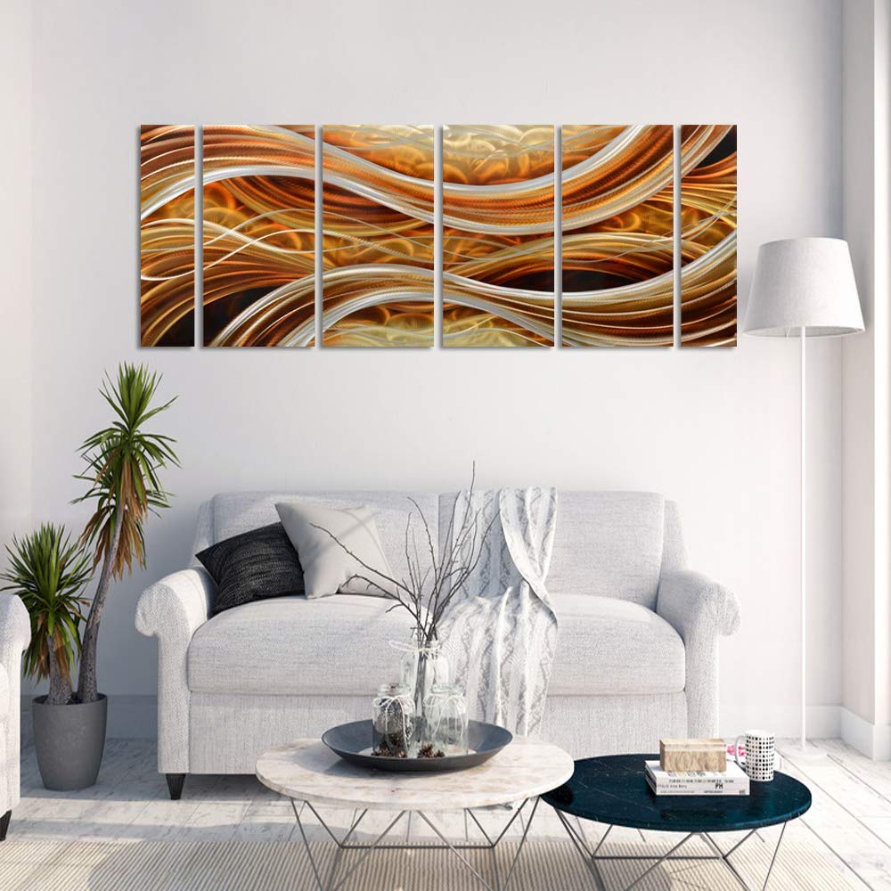Yihui Arts Abstract Metal Wall Art - Hand Crafted 6 Pieces Large Panels, Unique 3D Aluminum Modern Contemporary Home Accent