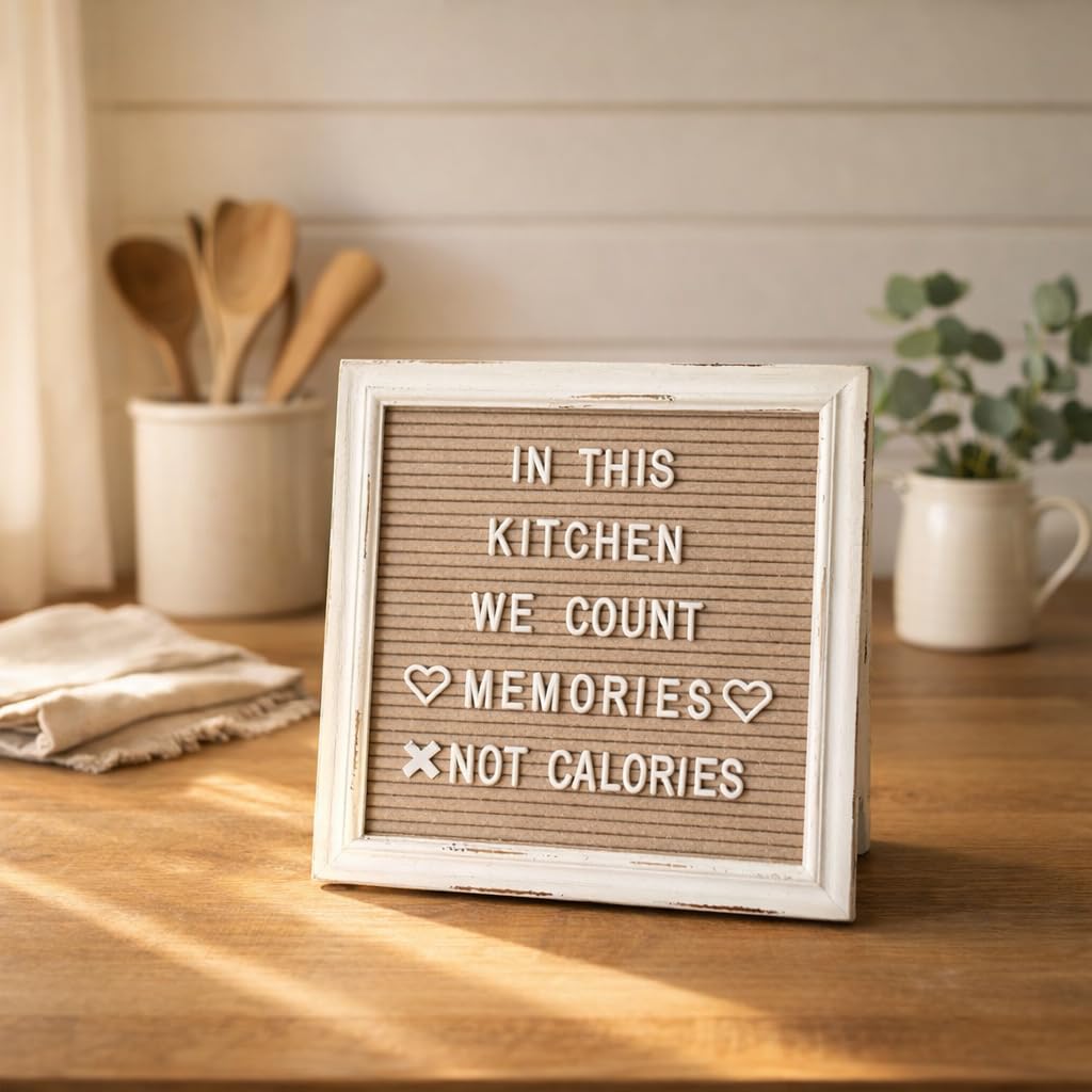 Cappuccino Felt Letter Board Back to School Sign with Rustic Wood White Frame - Farmhouse Letter Board Sign with Stand - Baby Announcement 10x10 Felt Board Changeable Message Board with 350 Letter Set