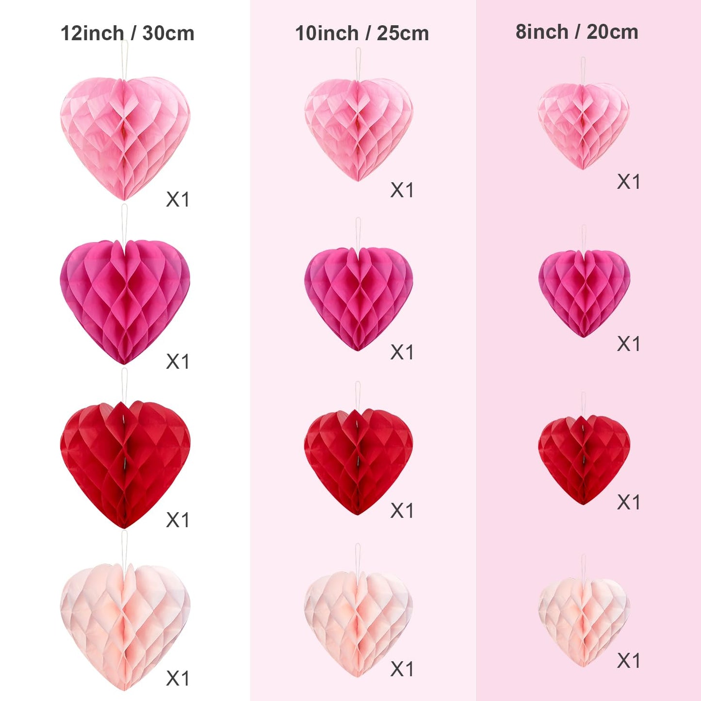PheiLa 12pcs Heart Shaped Honeycomb Balls - Paper Party Decorations - Valentine's Day, Wedding, Birthday - Red, Rose Pink, Pale Peach