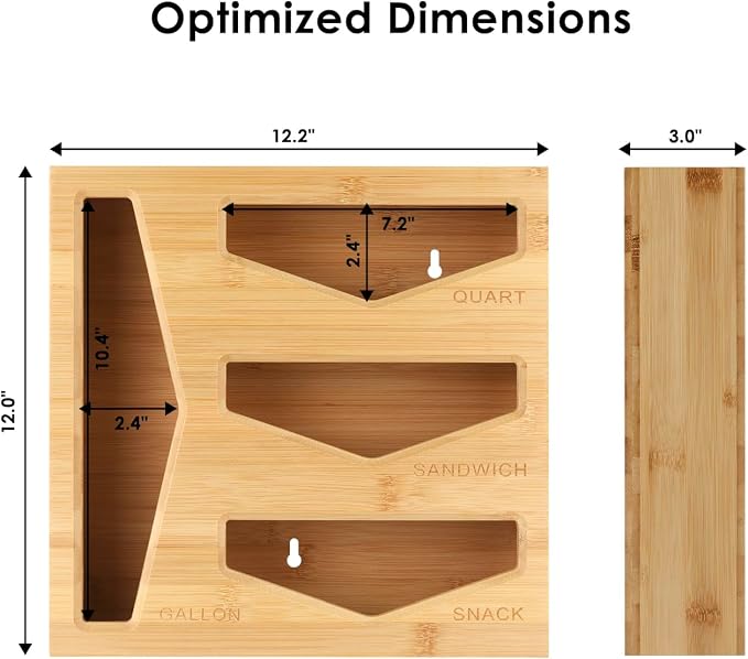 Bamboo Bag Storage Organizer for Kitchen Drawer, Baggie organizer, Compatible with Gallon, Quart, Sandwich and Snack Variety Size Bags (Natural Bamboo)
