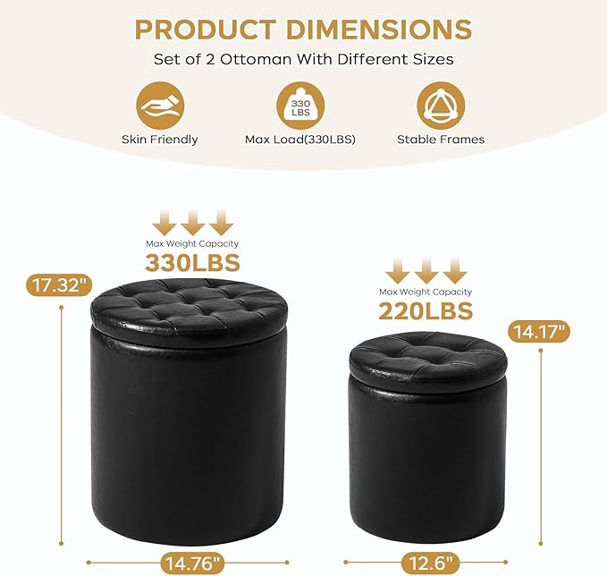 oakvivo Round Ottoman with Storage Set of 2, 12.6" W x 14.17" H & 14.76" W x 17.32" H Faux Footstool Storage Ottomans for Bedroom, Living Room Padded Coffee Table Ottomen, Black