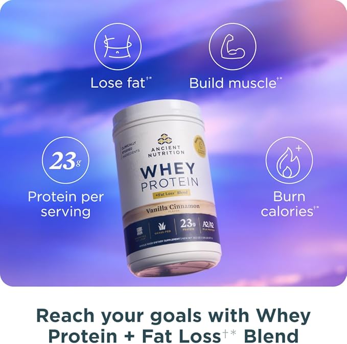 Ancient Nutrition Grass Fed Whey Protein + Fat Loss Blend, Vanilla Cinnamon, 23g Protein, Promotes Fat Loss and Boost Metabolism, Organic Regenerative A2/A2 Milk Protein,18 Servings