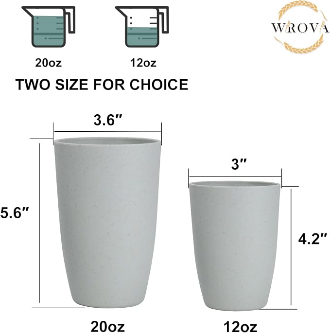 Wrova Wheat Straw Cups 8 PCS Good Alternative to Plastic Reusable Cups 20 oz Unbreakable Drinking Cup Reusable Dishwasher Safe Water Plastic Glasses Light Grey