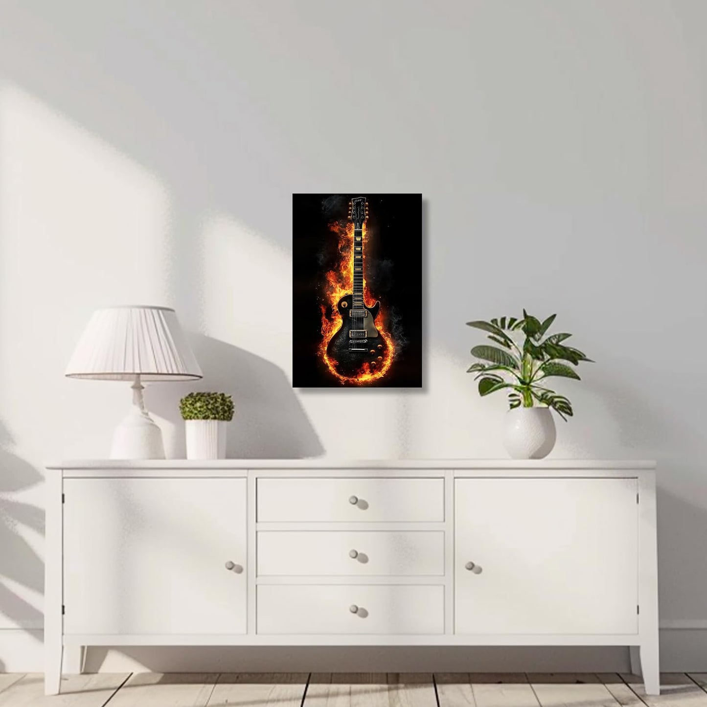 ZSHARTSWD Guitar Canvas Wall Art Fire Burning Electric Guitar Picture Abstract Musical Instrument Poster Print Jazz Music Painting for Bedroom Bar Decor Framed (Black, 18L x 12W)