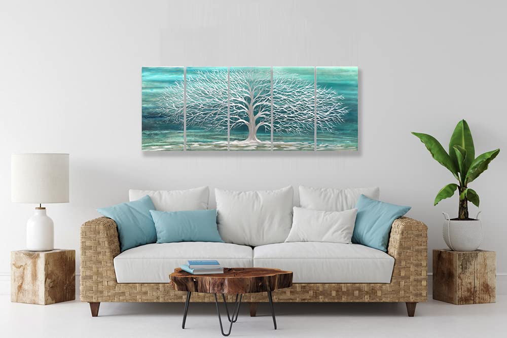 RICHSPACE ARTS Blue Green Metal Wall Art Silver Tree of Life 3d Artwork Extra Large Teal Sculpture Decor on Aluminum for Bedroom Living Room Kitchen Room Dining Room Walls Set of 5 Panels