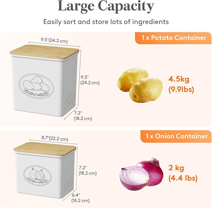 Lifewit Plastic Potato and Onion Storage Bin, Stackable Garlic Keeper with Aerating Holes and Lid, Vegetable Container Box for Pantry Countertop, White, 24 x 18 x 24 cm/9.5 x 7 x 9.5 inch, Set of 2