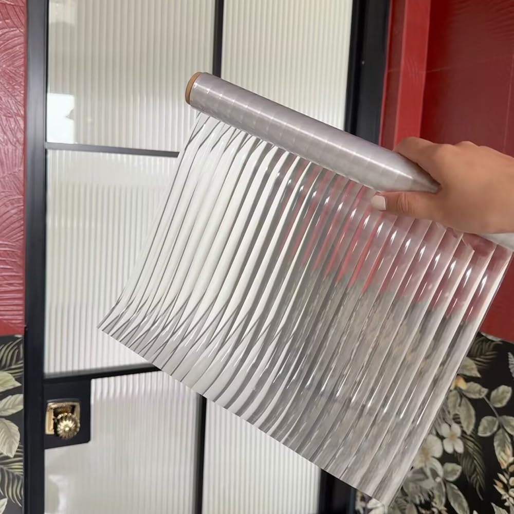 Reeded Privacy Window Film, Frosted Glass Vinyl, 3D Decorative Window Decals Non Adhesive for Bathroom, Living Room (（11.81in）*（118.11in）)